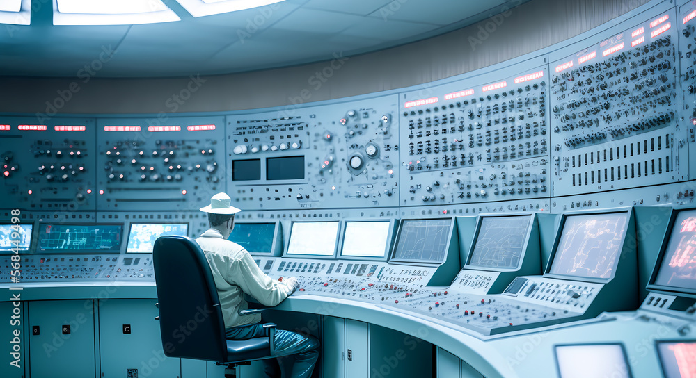 Electrical station, Central control panel of nuclear power plant reactor, engineer at work back
