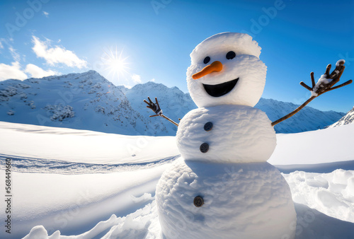 Panoramic view of happy snowman in winter, generative ai © Fatih Nizam