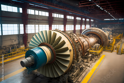 Turbine shop of energy power generation station. Disassembled turbine for repair and inspection. Generation AI photo