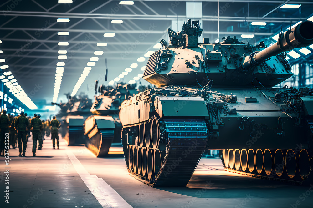 Military Factory weapon Battle tanks. Warehouse modern of army equipment.  Industry line of war technology. Generation AI Stock Illustration | Adobe  Stock