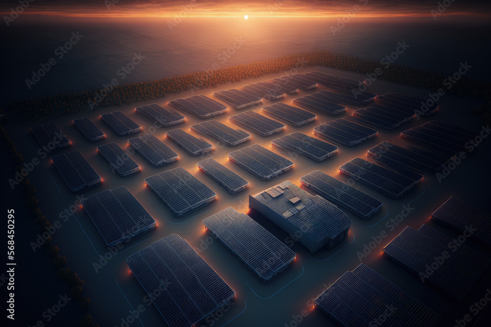 Obraz premium aerial picture of a sizable renewable energy facility producing clean electricity at dusk with several rows of solar photovoltaic panels. Concept for zero emission power from renewable sources