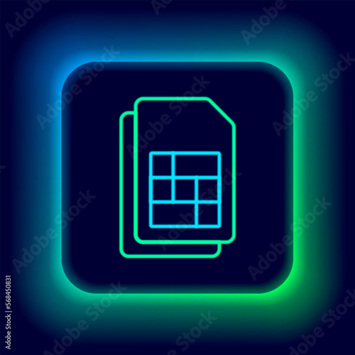 Glowing neon line Sim card icon isolated on black background. Mobile cellular phone sim card chip. Mobile telecommunications technology symbol. Colorful outline concept. Vector