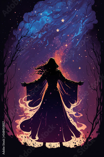 Confident powerful witch woman in long robes, standing underneath a starry sky with arms raised