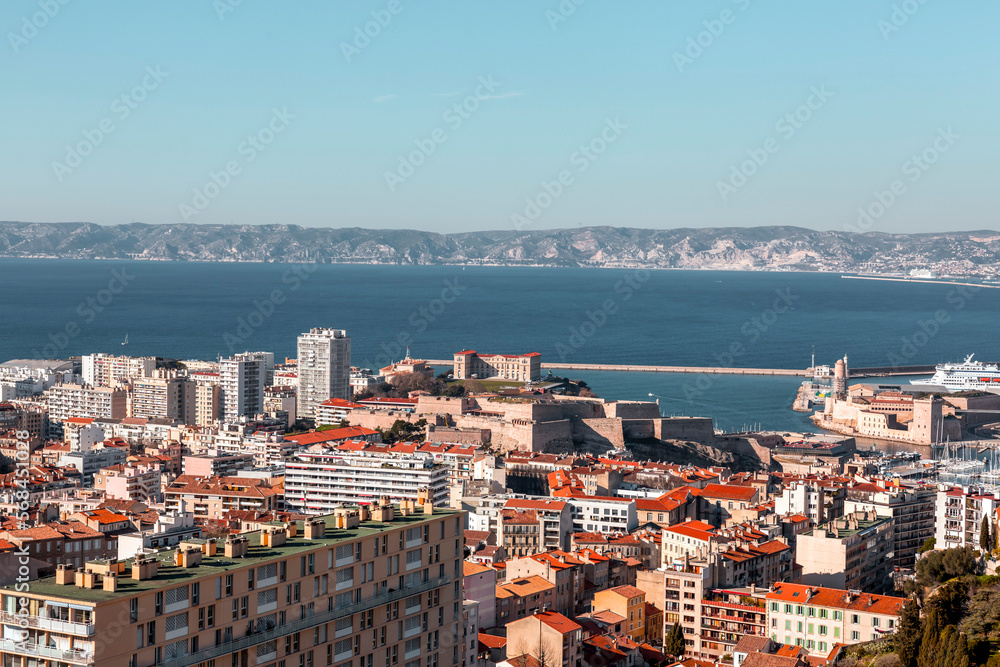 Marseille, France - FEB 28, 2022: Aerial view of the city of Marseille on a sunny winter day