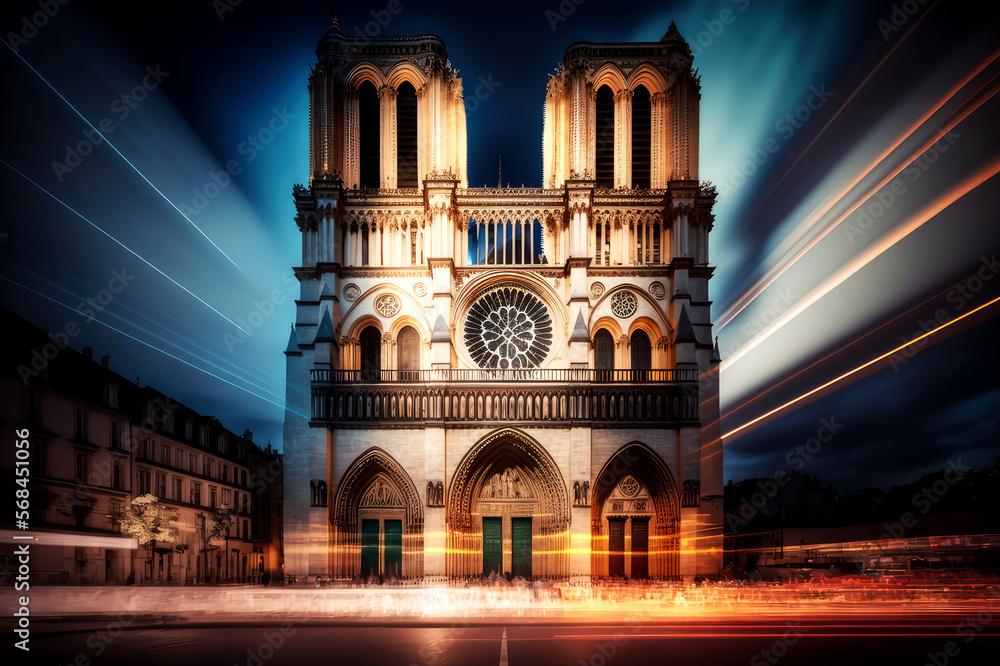 long exposure of Notre Dame Cathedral Paris France, generative ai - obrazy, fototapety, plakaty 