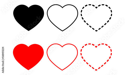 Heart collection. Hearts in a linear and flat design, isolated on a white background. A thin heart to a thick line. Love logo. Valentine signs or symbols. Vector illustration.