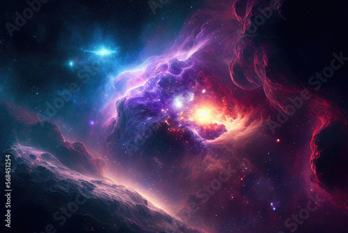 Space background. Galaxy and nebula in night sky with bright stars. Abstract cosmic background. Created with generative AI