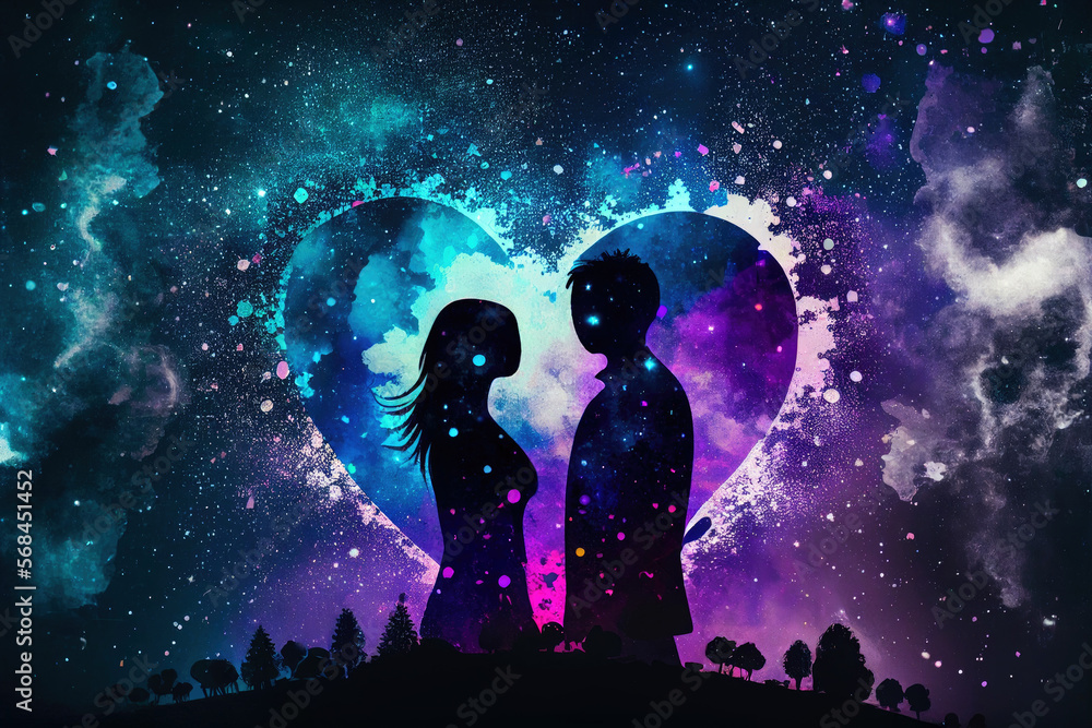 Obraz premium Man and woman standing together against abstract futuristic background. Human souls couple in love. Esoteric and spiritual life concept. Cosmic love. People feelings. Created with generative AI