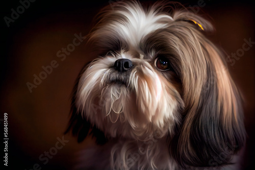 Shih Tzu Dog On A Black Background. Generative AI.