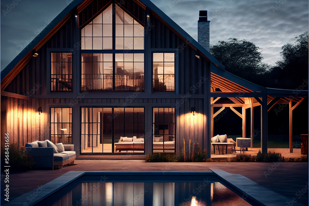 Exterior of a modern, luxurious and stylish farmhouse at night with a swimming pool | Generative Ai | Exterior design | Beautifully lit Farmhouse | Architectural design Exterior of a modern, luxurious and stylish farmhouse at night with a swimming pool | Generative Ai | Exterior design | Beautifully lit Farmhouse | Architectural design