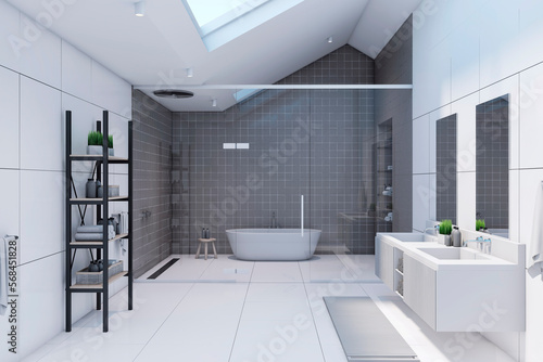 Front view on monochrome style spacious bathroom with light modern bath background behind glass partition  white sinks and walls and dormer on the top. 3D rendering