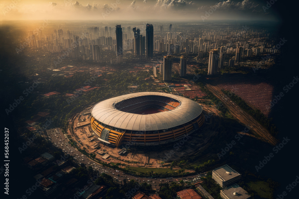 Beautiful Jakarta International Stadium from above, with the city of Jakarta in the distance. March 8, 2022, in Jakarta, Indonesia. Generative AI