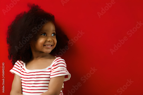 Girl on red background and copy space created with Generative AI technology