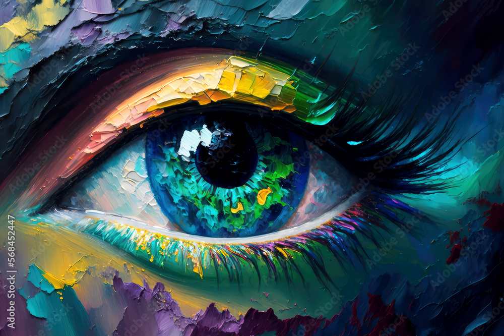 Fluorite  oil painting. Conceptual abstract picture of the eye. Oil painting in colorful colors. Conceptual abstract closeup of an oil painting and palette knife on canva, generative ai