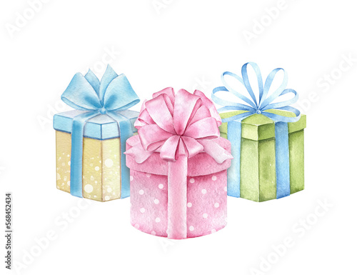 Colorful gift boxes with bows. © Lora