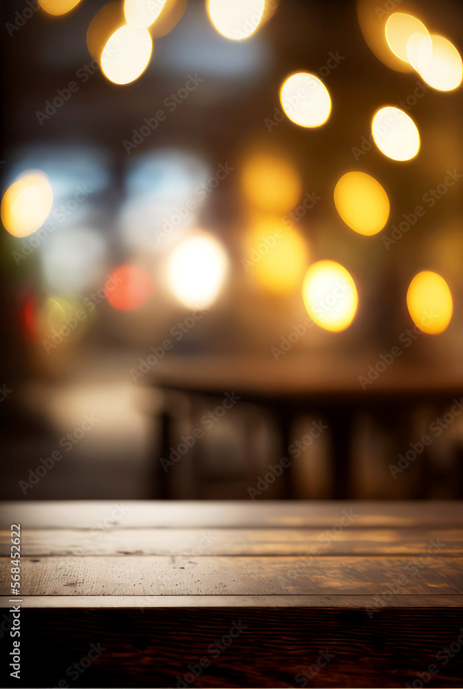 Empty wooden table top with lights bokeh on blur bacgkround, generative ai