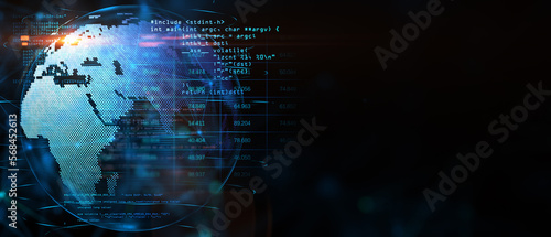 Front view on blank dark technological background with place for advertising poster and graphic glowing world map globe with computer software programming. 3D rendering  mock up
