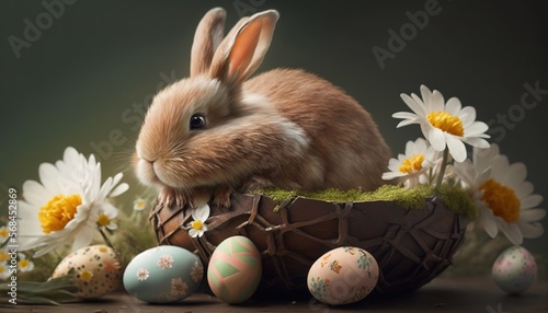 Happy Easter 2023 illustration with Easter bunnies and easter eggs generative ai © Roman