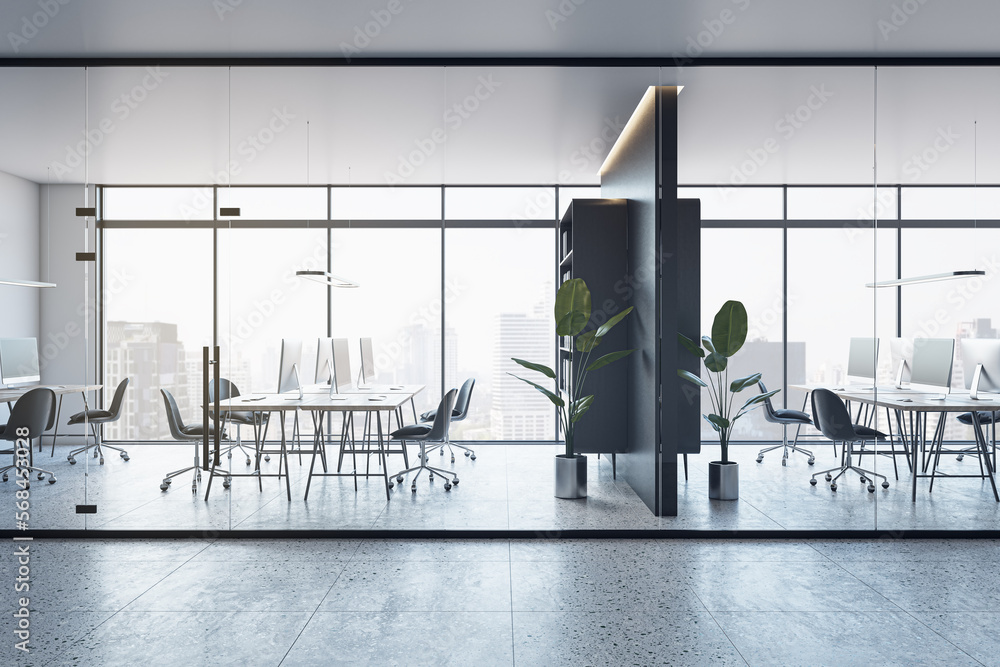 Contemporary glass office interior with concrete flooring, furniture, window with city view and other objects. 3D Rendering.