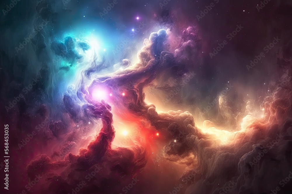 Nebula background. Panoramic view of a colorful nebula in space. Glowing huge nebula with young stars. Cosmic and galaxy. Space background. Generative AI