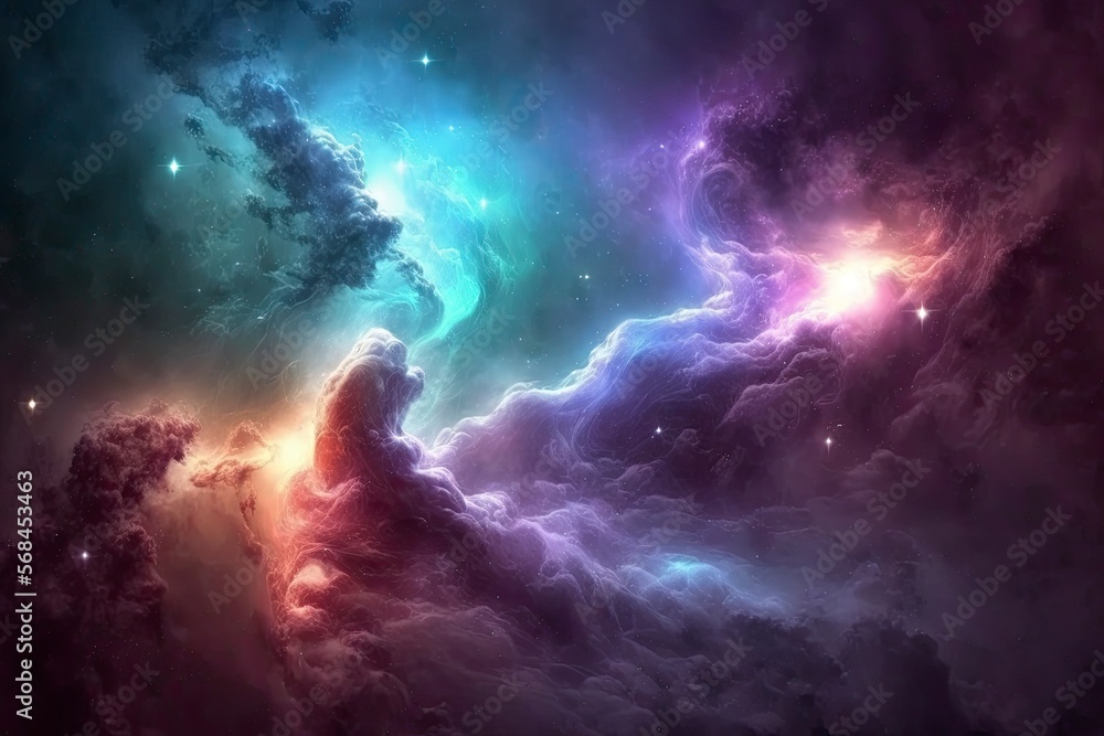 Nebula background. Panoramic view of a colorful nebula in space. Glowing huge nebula with young stars. Cosmic and galaxy. Space background. Generative AI