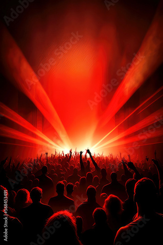 crowd of people dancing, concert crowd in front of bright red stage light, generative ai