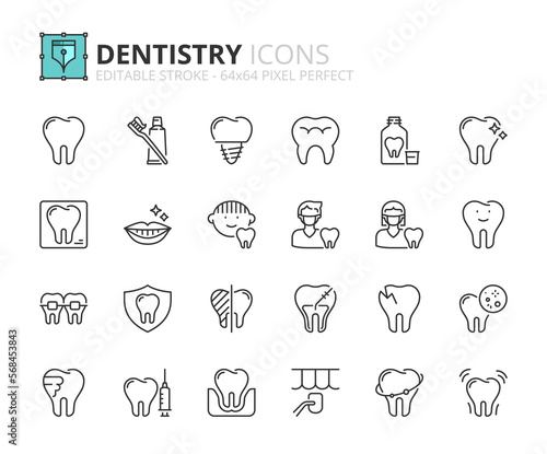 Simple set of outline icons about dentistry and dental care
