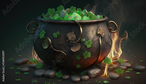 St Patricks pot with gold coins and clovers, generative ai