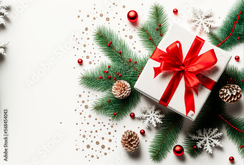 Christmas fir branches gift boxes with red ribbon christmas gift box, generative ai