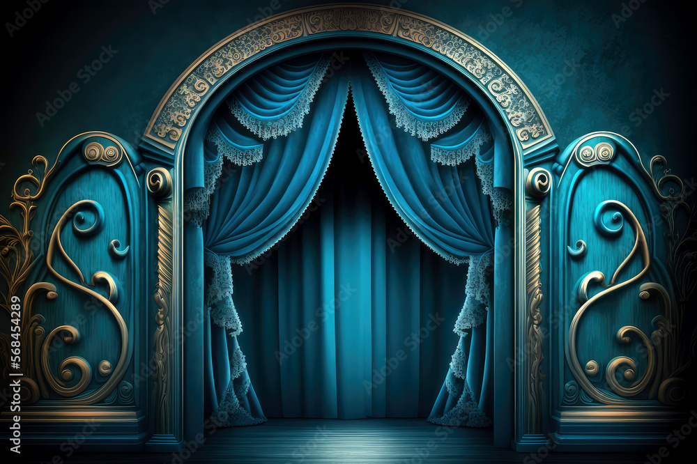 blue stage curtain with arch entrance, generative ai - obrazy, fototapety, plakaty 