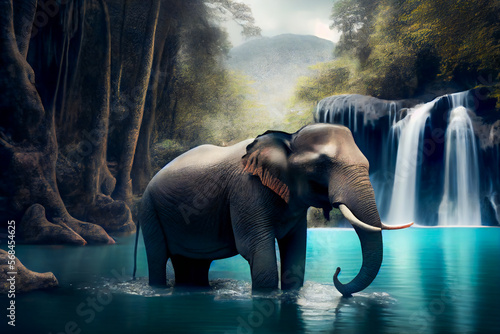 Waterfall with elephant. Generative AI.