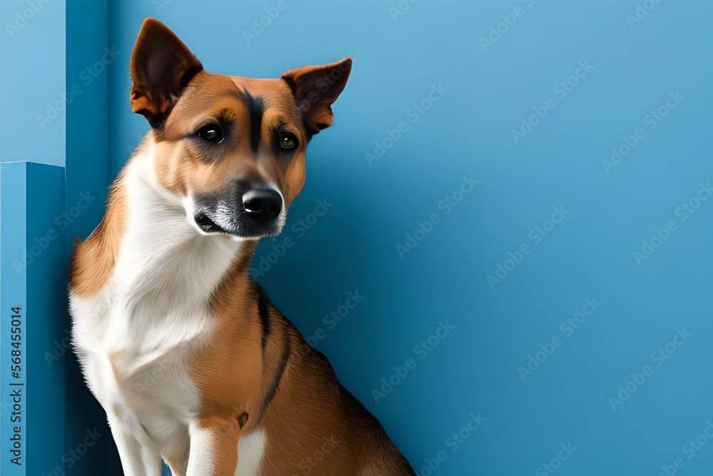 Dog on a blue background and copy space created with Generative AI technology