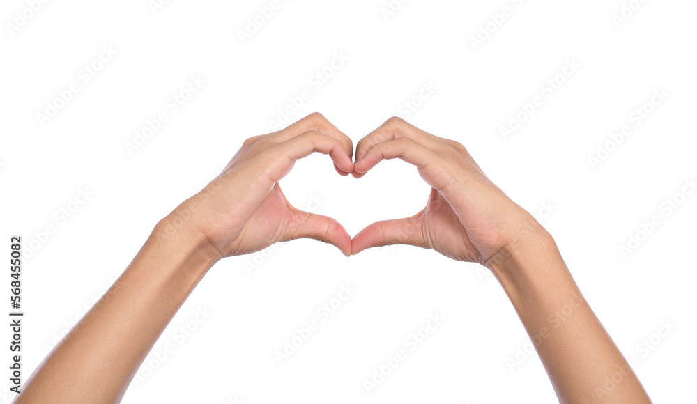 Woman hands making a heart shape on a white isolated background Woman hands making a heart shape on a white isolated background