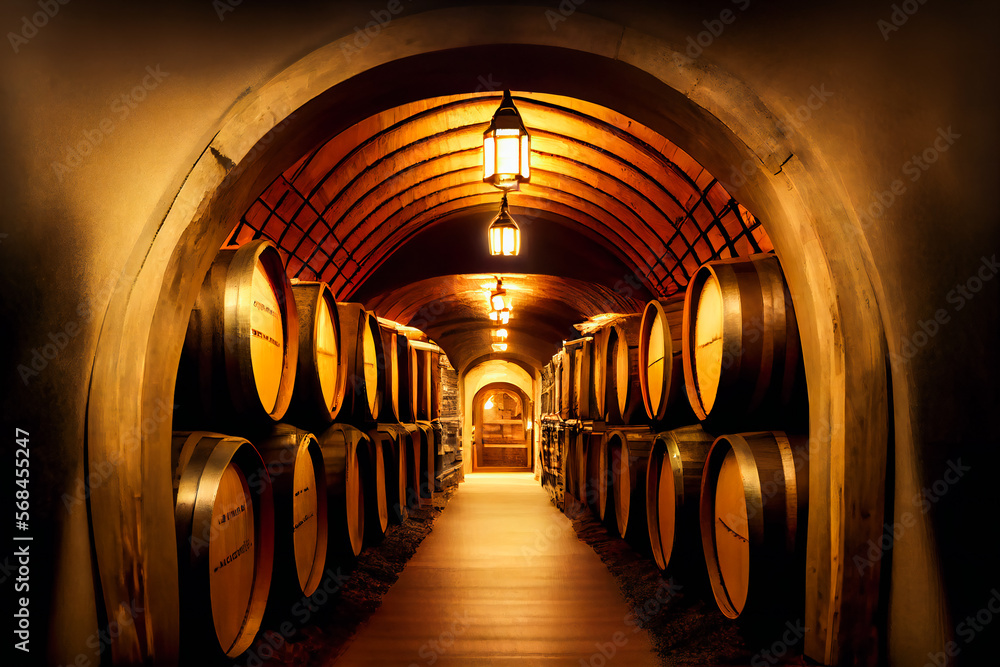 Wine cellar interior with large wooden barrels.  Generative AI.