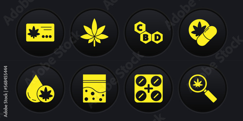 Set Marijuana or cannabis olive oil, Herbal ecstasy tablets, Plastic bag of, Medical pills with marijuana, Cannabis molecule, leaf, Magnifying glass and and Calendar icon. Vector