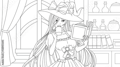Vector illustration, young beautiful witch, reads a book, drinks coffee