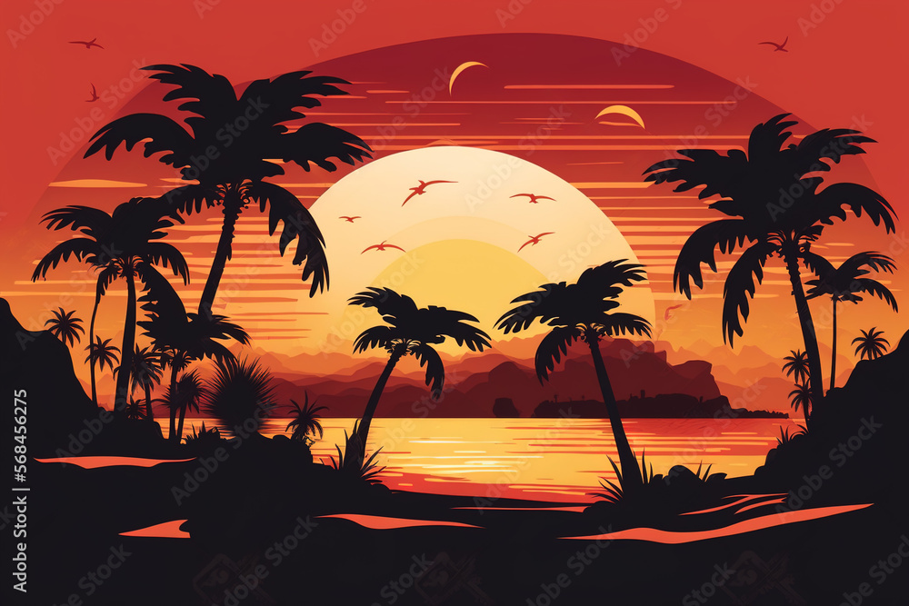 Wallpaper. Sunset tropical beach with palm trees and sea. Nature landscape and seascape. ia generate.