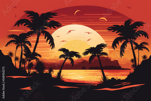 Wallpaper. Sunset tropical beach with palm trees and sea. Nature landscape and seascape. ia generate.