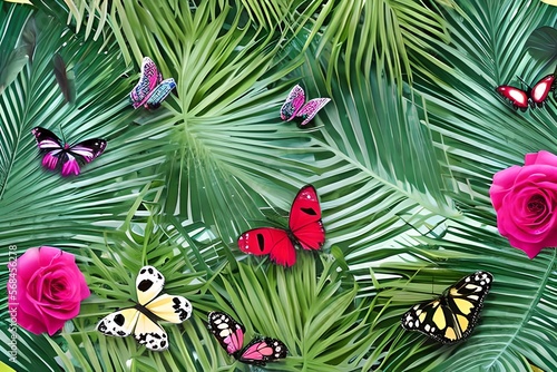 Tropical background of palm leaves and butterflies