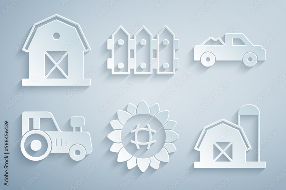 Set Sunflower, Pickup truck, Tractor, Farm house, Garden fence wooden and icon. Vector Set Sunflower, Pickup truck, Tractor, Farm house, Garden fence wooden and icon. Vector