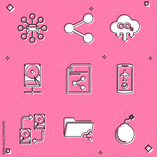 Set Car sharing, Share, CO2 emissions cloud, Hard disk drive network, file and Flight mode the mobile icon. Vector