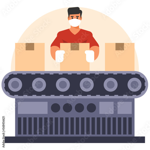 A man behind a conveyor is packing boxes. Vector graphics