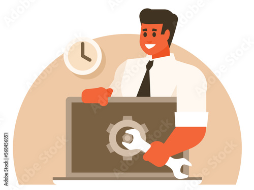Computer support. Computer repair service. Businessman with a wrench tightens a nut. Software development. Vector graphics