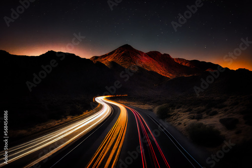 A long exposure photo of a highway at night.  Generative AI.