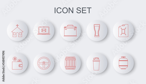Set line Propane gas tank, Wallet with coin, Car battery, Fitness shaker, Church building, Laptop envelope, Steering wheel and Wooden barrel icon. Vector