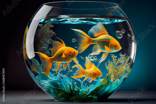Beautiful fish in round glass aquarium.  Fish Swimming In Fishbowl. Generative AI.