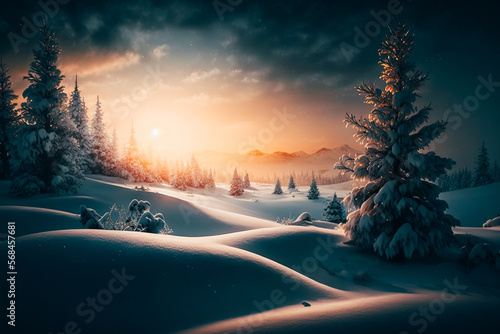 A peaceful snowy landscape, dotted with evergreens and blanketed in snow © v.senkiv