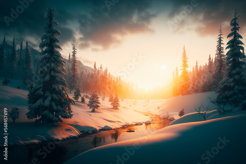 A peaceful snowy landscape, dotted with evergreens and blanketed in snow © v.senkiv