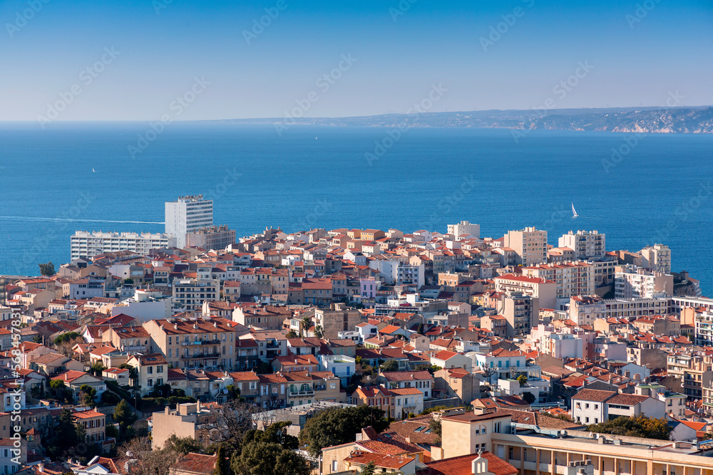 Aerial view of the city of Marseille on a sunny winter day