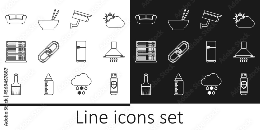 Set line USB flash drive and shield, Kitchen extractor fan, Security camera, Chain link, Server, Data, Web Hosting, Sofa, Refrigerator and Bowl with chopsticks icon. Vector